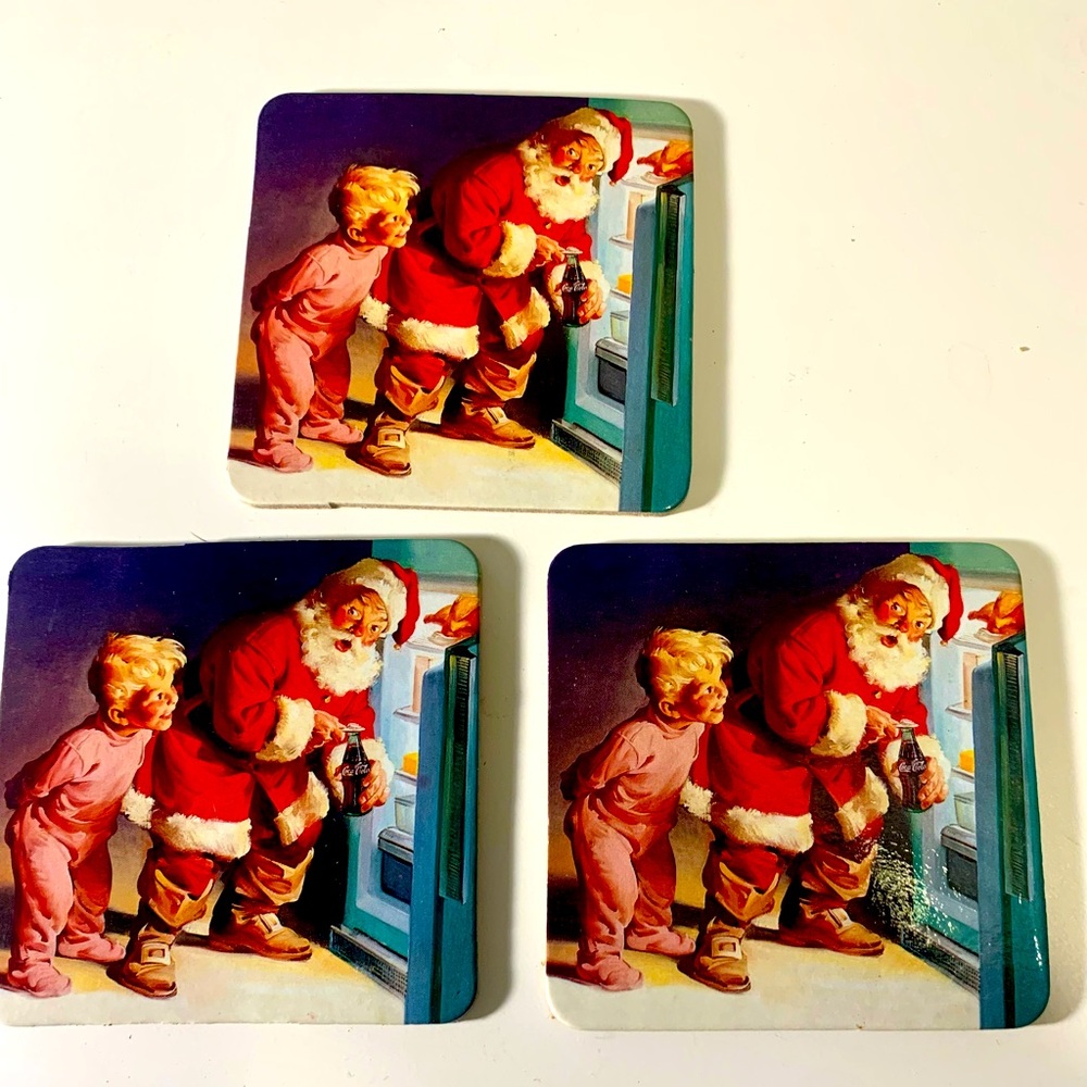 Vintage Coca Cola Santa Christmas Coasters set of 3, 3.5”